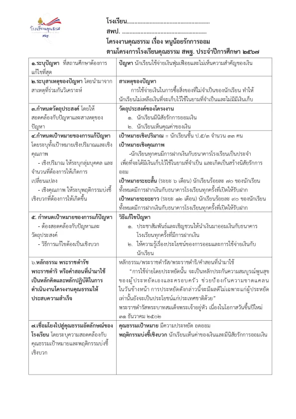 ดาวน์โหลดฟรี รายงานโครงงานคุณธรรม ตามโครงการโรงเรียนคุณธรรม สพฐ. ประจำปีการศึกษา 2567